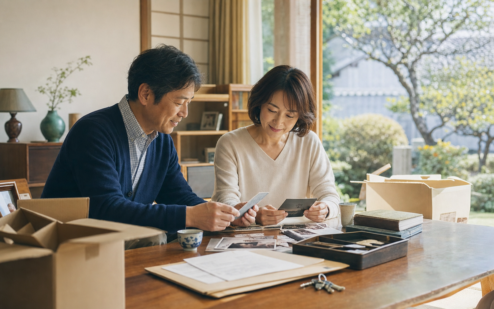 相続した実家で家族が写真や書類を整理している様子
