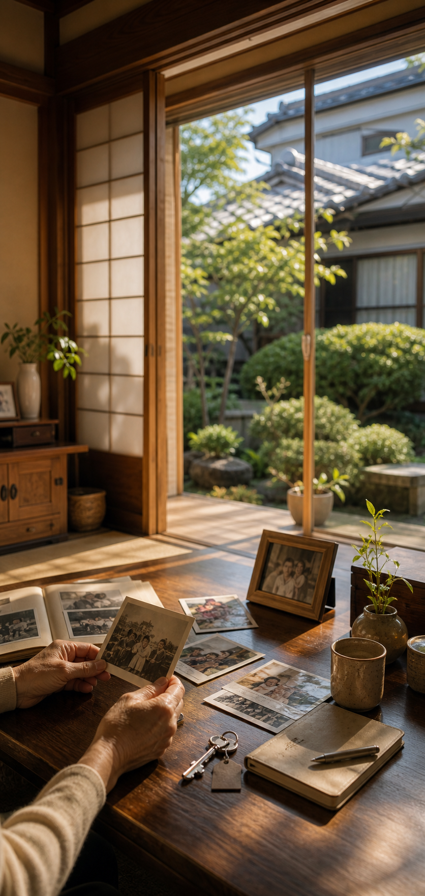 写真と鍵を前に住まいの記憶を整理している様子